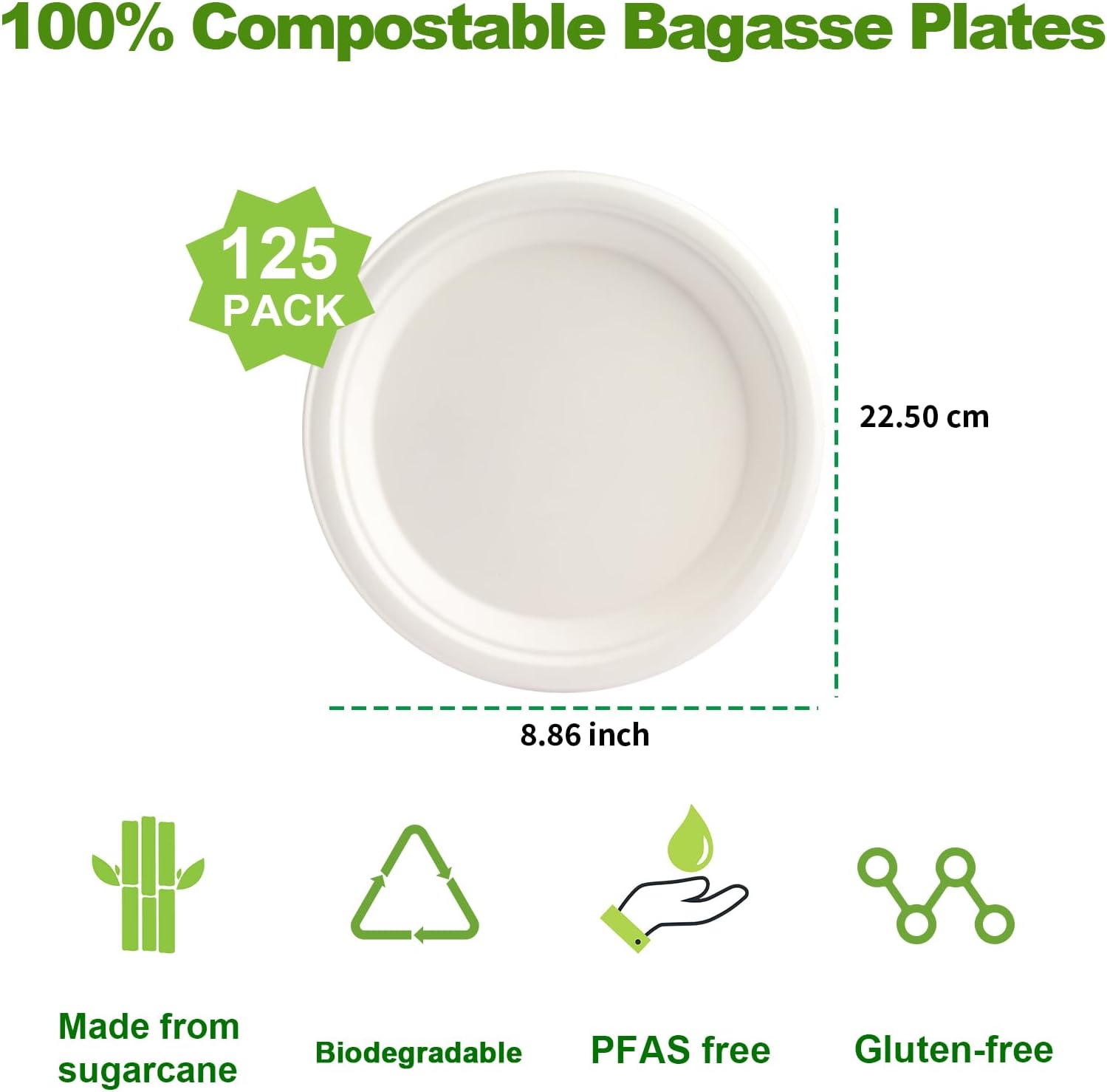 Platos de papel, 125 unidades, desechables, platos compostables de bagazo de 9 pulgadas, platos compostables de bagazo naturales, biodegradables y