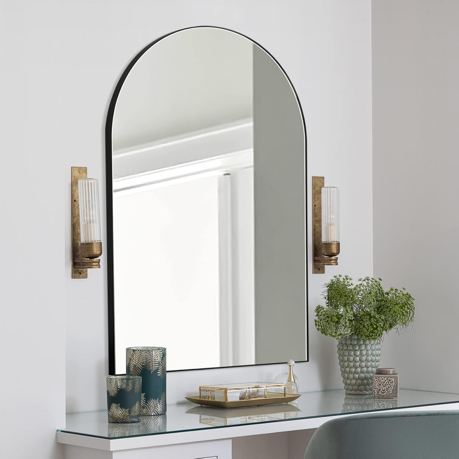 FUMANGO Espejo de arco negro, espejo de pared de 24 x 36 pulgadas, espejo decorativo grande para tocador, espejos de baño arqueados para pared,