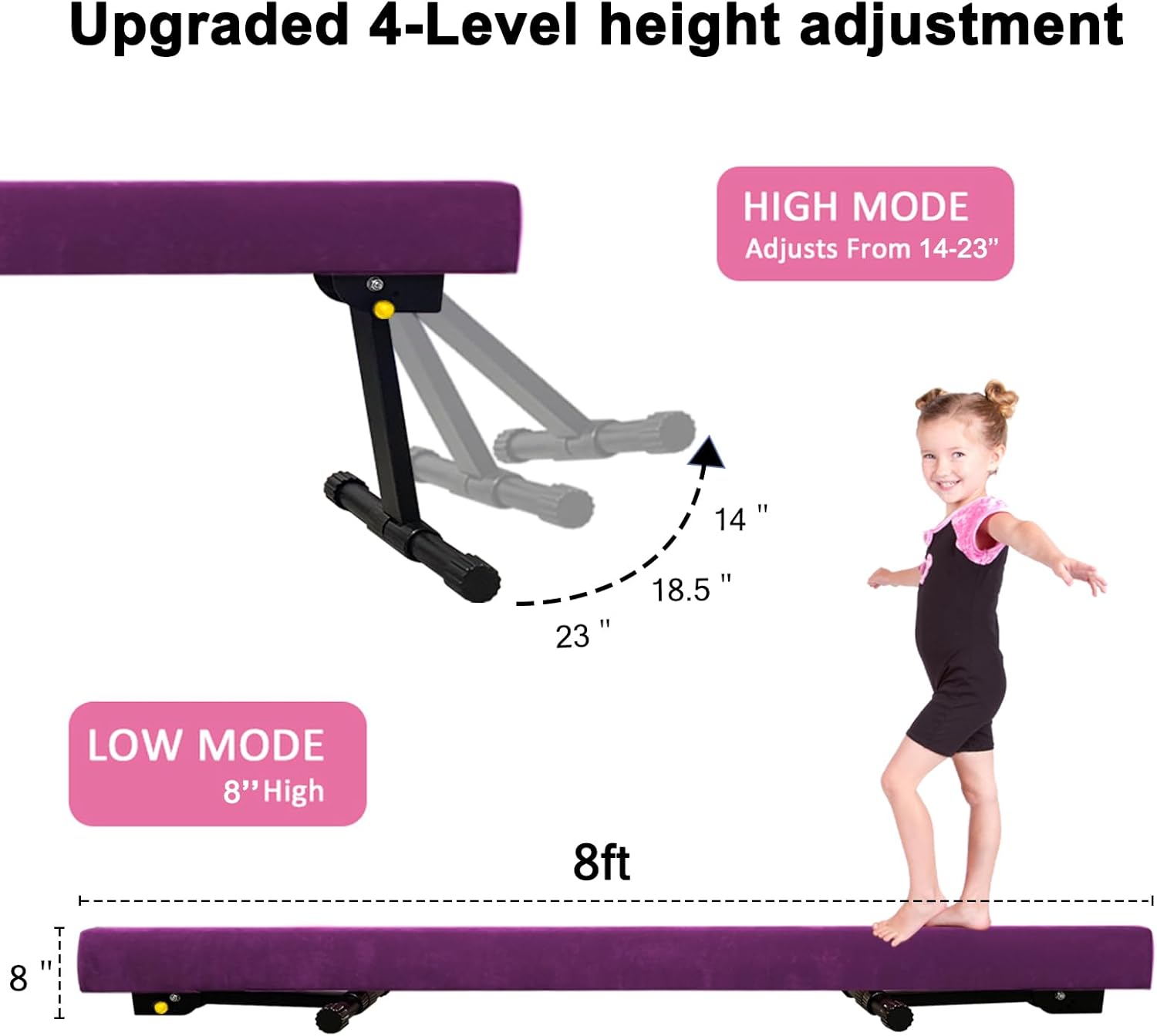 8ft Ultrasimple Adjustable&Foldable Balance Beam,High-Low Floor Beam Suede Gymnastics Equipment,No Tool Require, Gymnastics Beam for