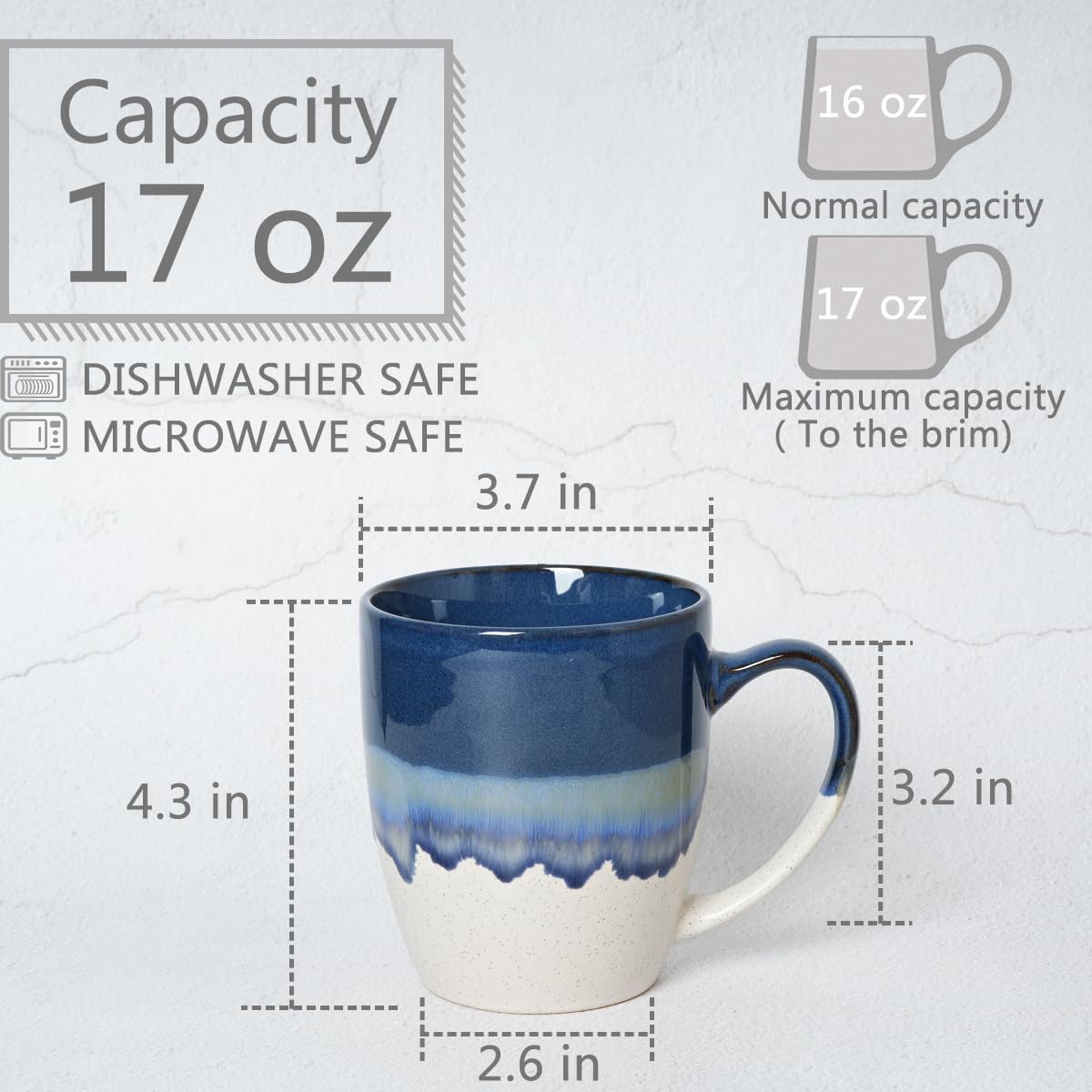 Bosmarlin Juego de 4 tazas de café de cerámica, 17 onzas, tazas de café con mango grande, aptas para microondas, esmalte reactivo único