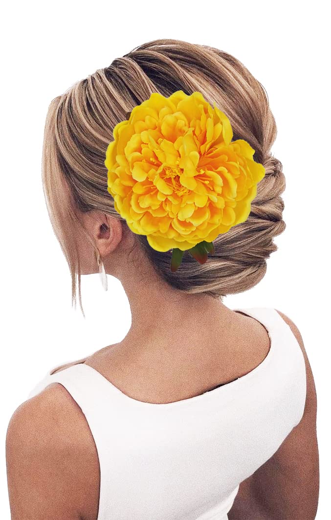 Broche de flores de peonía para el cabello, horquilla Hanfu para dama de honor, broche de flores, decoración de boda (talla única, amarillo)