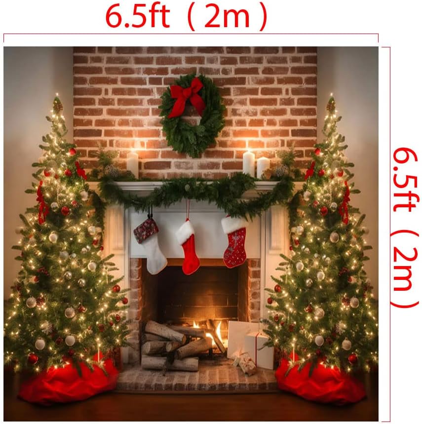 Kate Telón de fondo de Navidad de 6.5 x 6.5 pies  6.6 x 6.6 ft, corona de árbol de Navidad, chimenea, computadora, impreso, fondo de tela,
