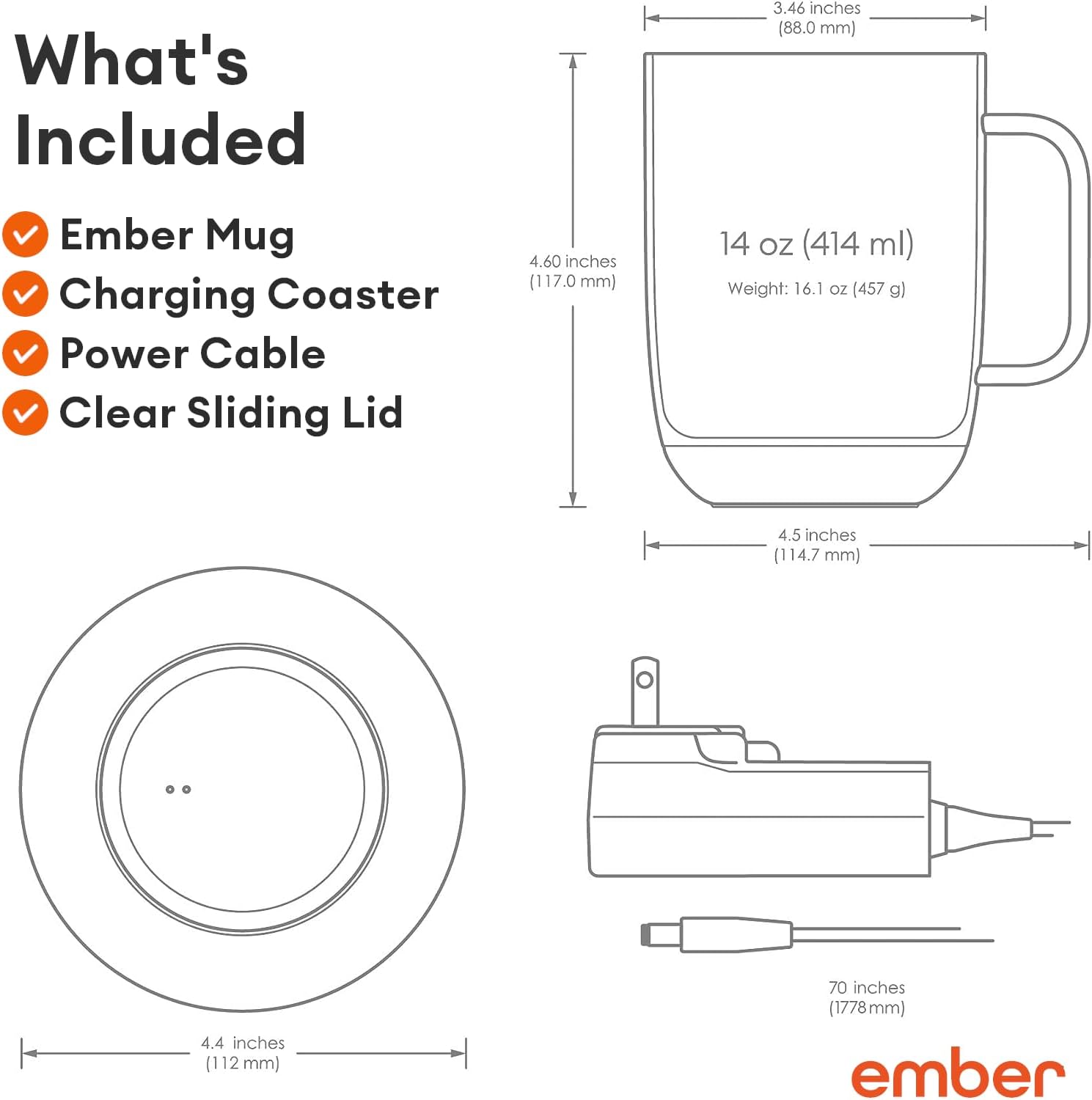 Ember – Taza inteligente con control de temperatura de 2, 14 onzas, color negro, 80 minutos de duración de la batería, taza de café calentada