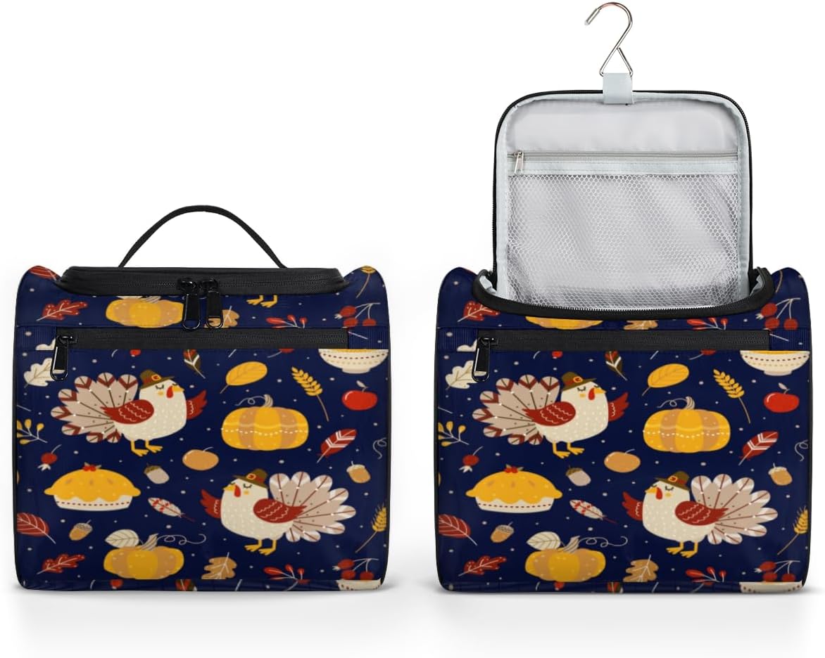 Thanksgiving Day Fun Style Toiletry Bag for Women Travel Makeup Organizer with Hanging Hook Traveling Cosmetic Bags for Toiletries Accessories