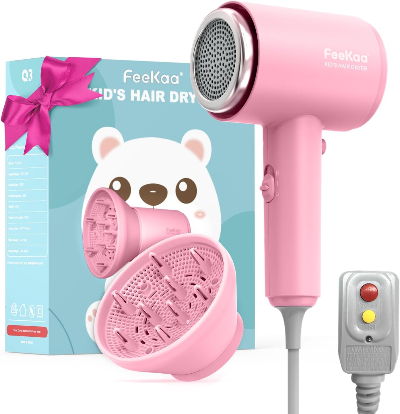 Feekaa Secador de pelo para niños, mini secadora portátil con difusor, secador de pelo pequeño silencioso para niños, secador de pelo compacto para