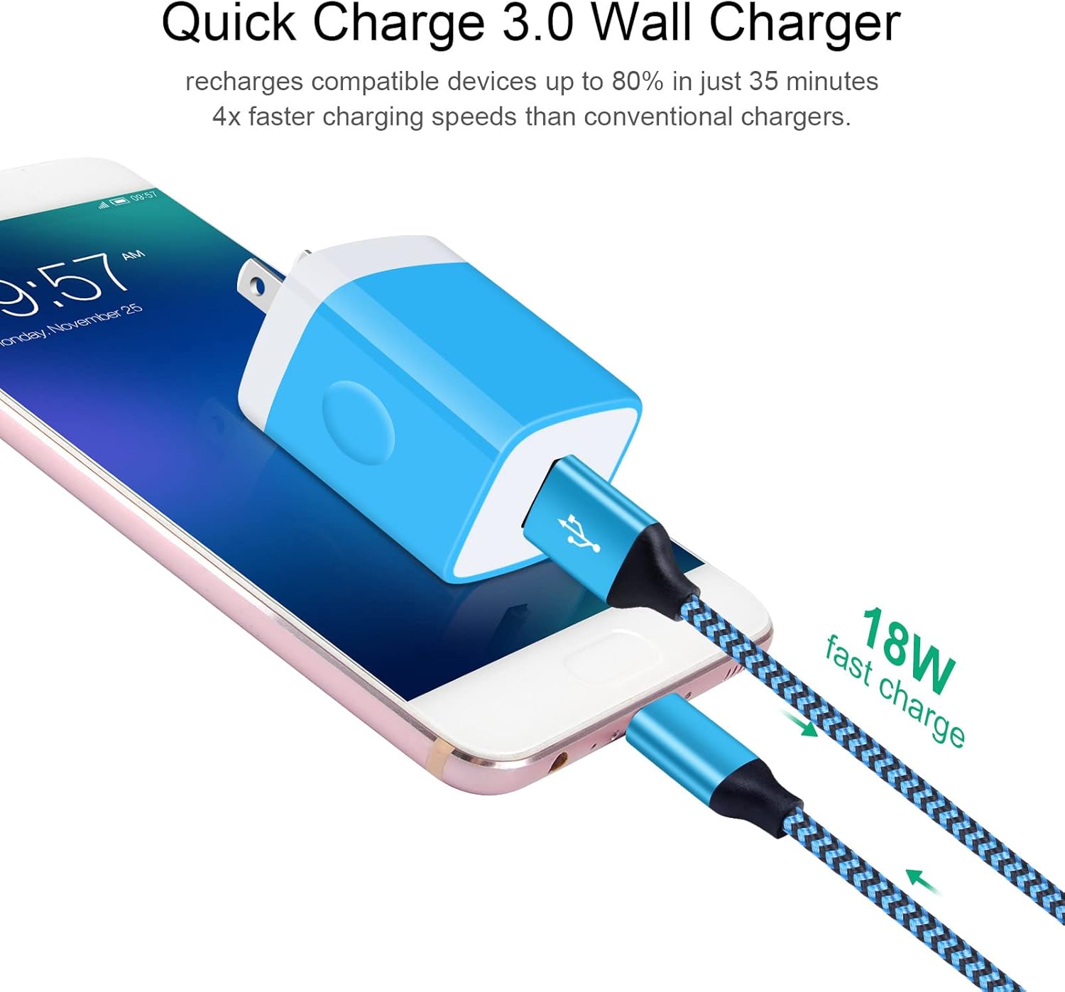 Cargador de teléfono rápido 3.0 de carga rápida para Google Pixel 9, 9 Pro XL Fold, Samsung Galaxy A55 A35 A15 A53 5G A71 A51 A52 A42 A32 A12 A13