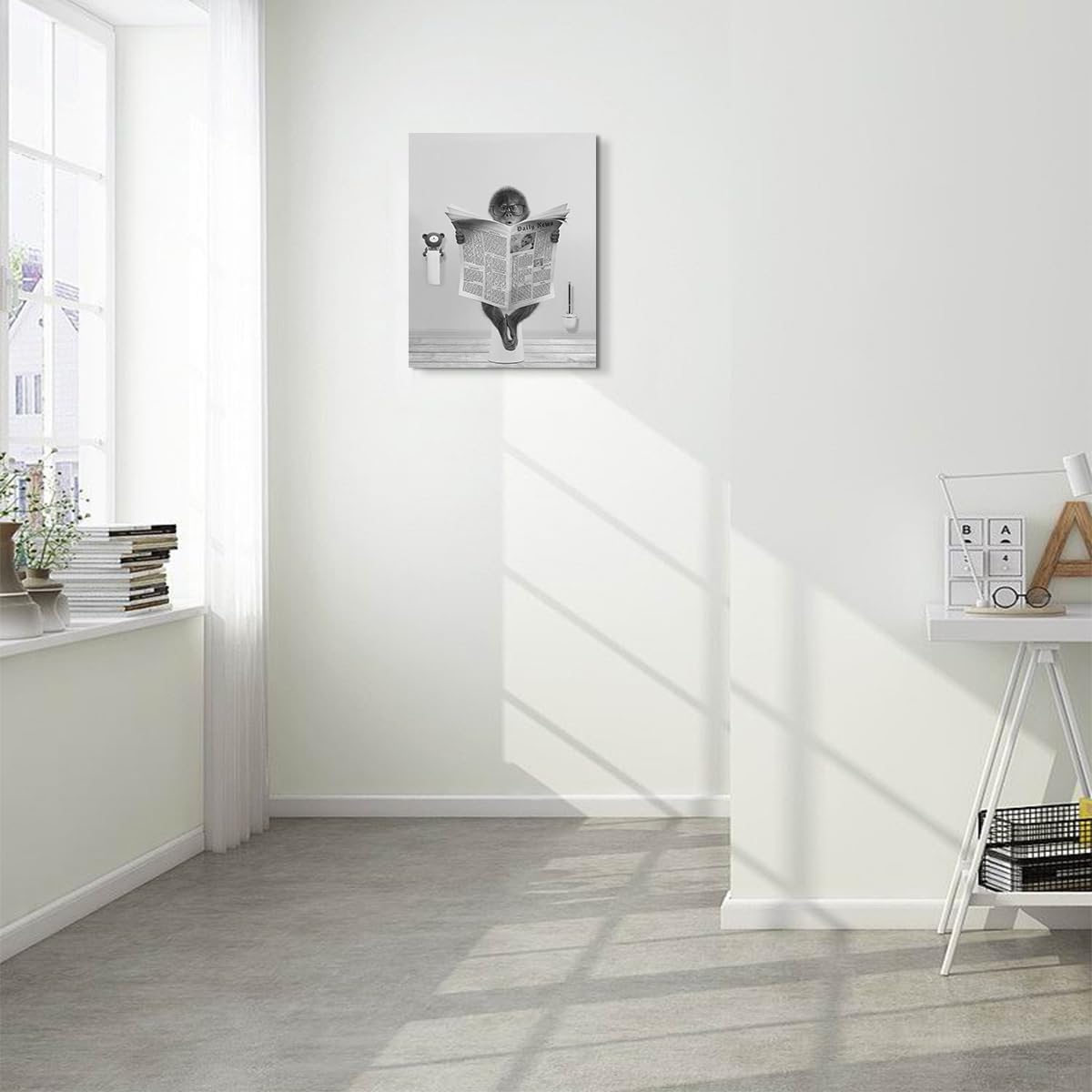 Decoración de baño de mono, imagen divertida de arte de pared de baño de mono, lienzo blanco y negro de mono bañándose en el baño, impresión