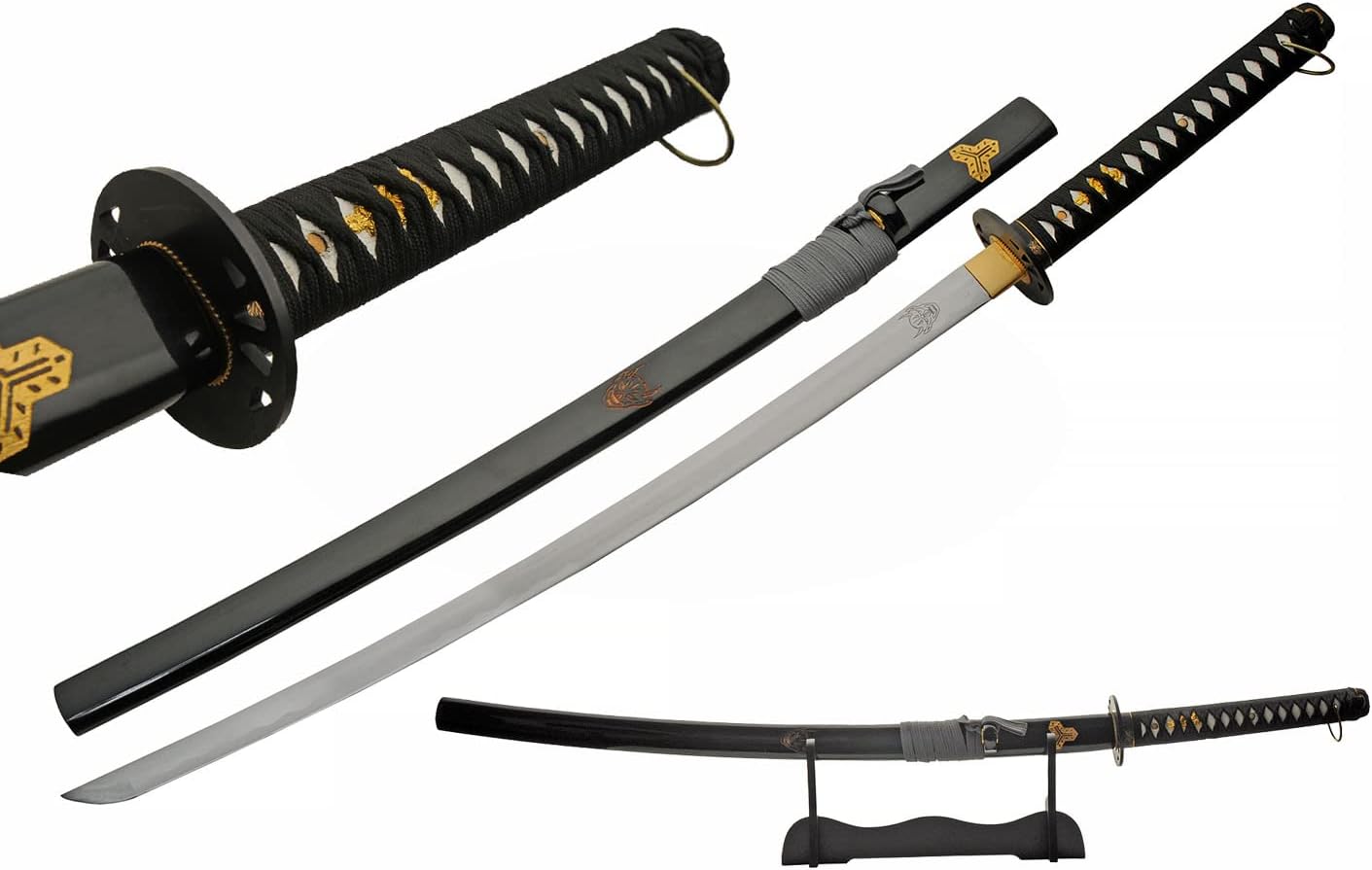 Katana Oni de acero al carbono negro de 40 “con soporte de exhibición de madera