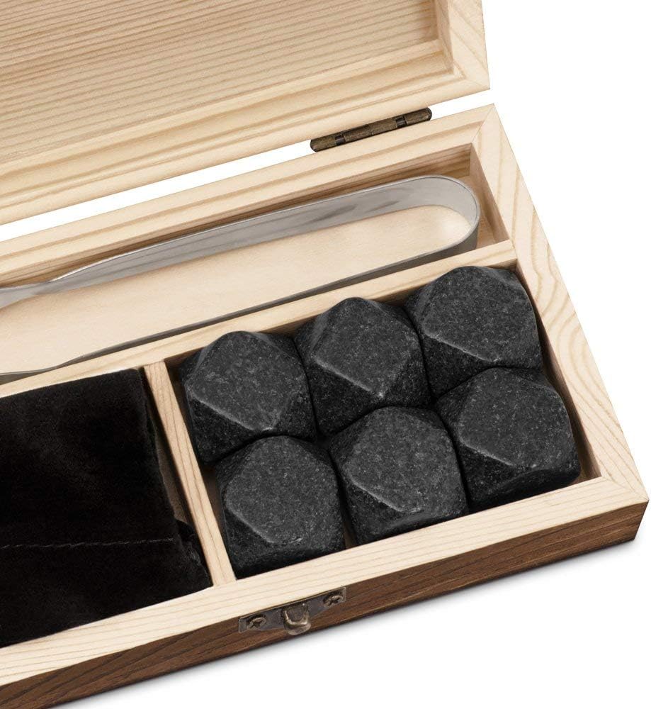 Maverton Juego de regalo de piedras de whisky para hombre, 6 rocas de whisky de granito, rocas refrescantes en elegante caja de madera con grabado,