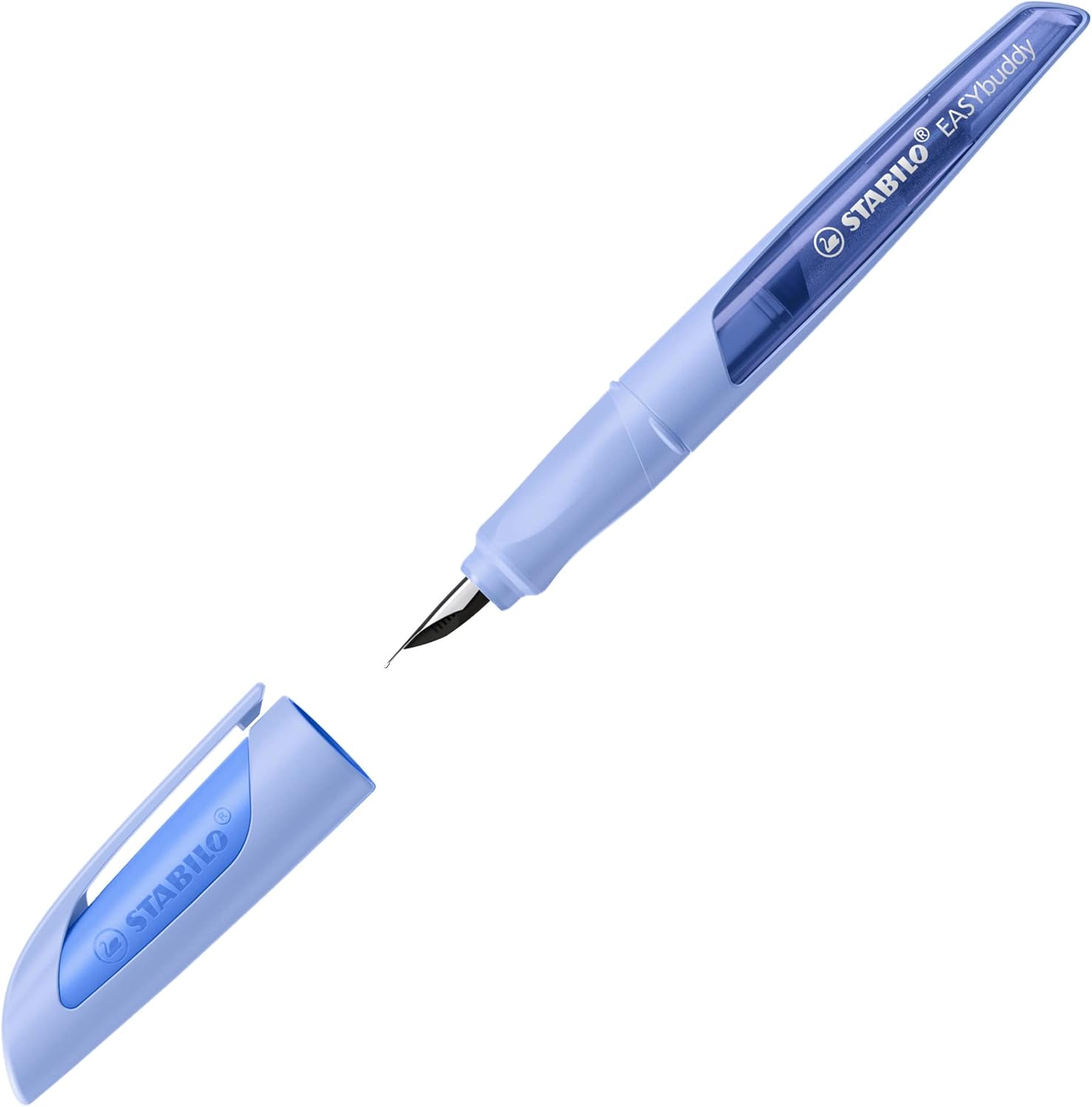 Stabilo EASYbuddy – Pluma estilográfica escolar pastel con punta zurda en azul nube, color tinta (borrable), bolígrafo individual, incluye cartucho
