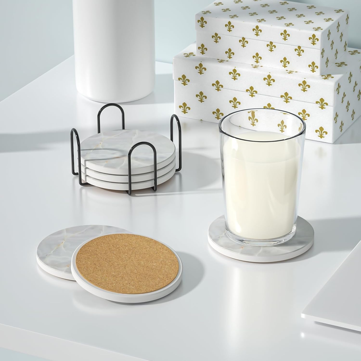 BUYAOBL Posavasos absorbentes con soporte, juego de 6 posavasos absorbentes, posavasos de ágata de cerámica de mármol, base de corcho para mesa de