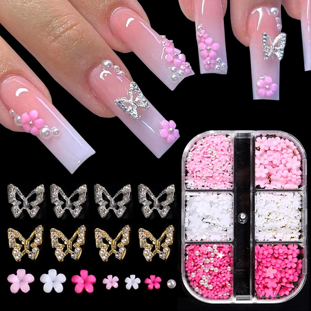 Dijes de uñas de flores 3D, flor acrílica 3D, pétalo de flor blanca y rosa con perlas de perlas, aleación de metal dorado y plata con diamantes de