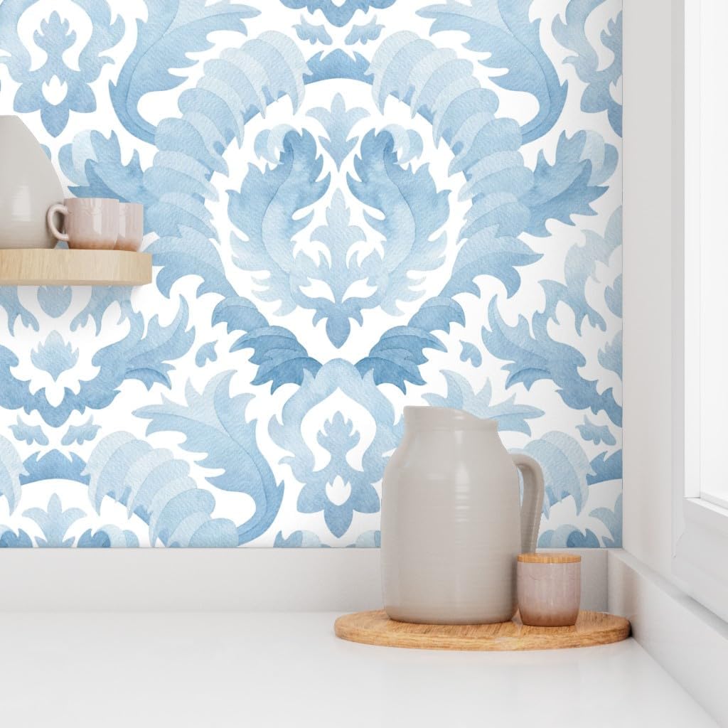 Spoonflower Muestro de papel tapiz extraíble – Acuarela Damasco Botánico Floral Azul Claro Monocromo Clásico Barroco Hoja de Acanto Papel pintado