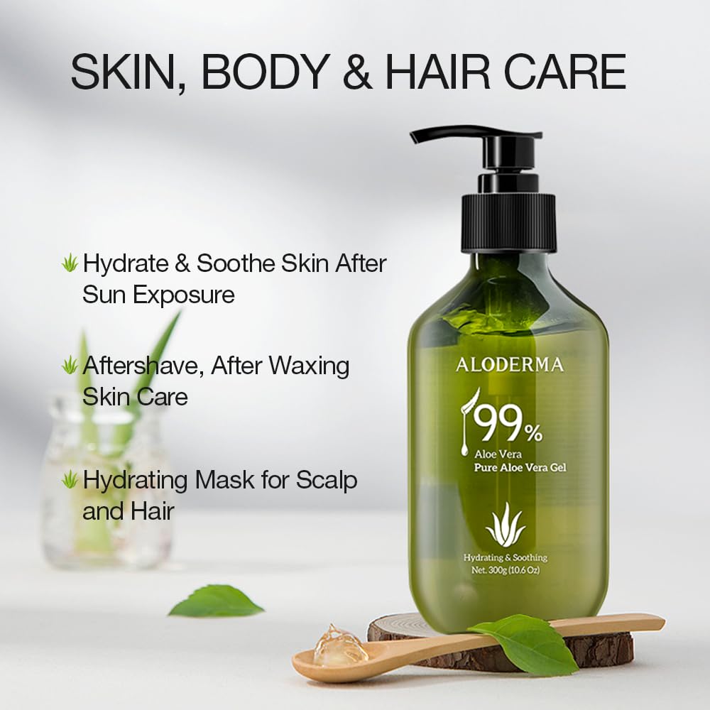 Aloderma Gel de aloe vera 99 % orgánico fabricado dentro de las 12 horas de cosecha  Botella dispensadora  Gel de aloe ligero para cara y cuerpo,
