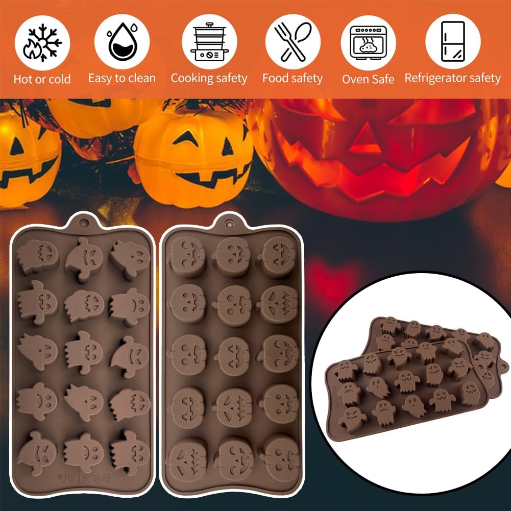 Paquete de 2 moldes de silicona con forma de calabaza y fantasma, moldes para hornear galletas de chocolate para Halloween, formas de calabaza y
