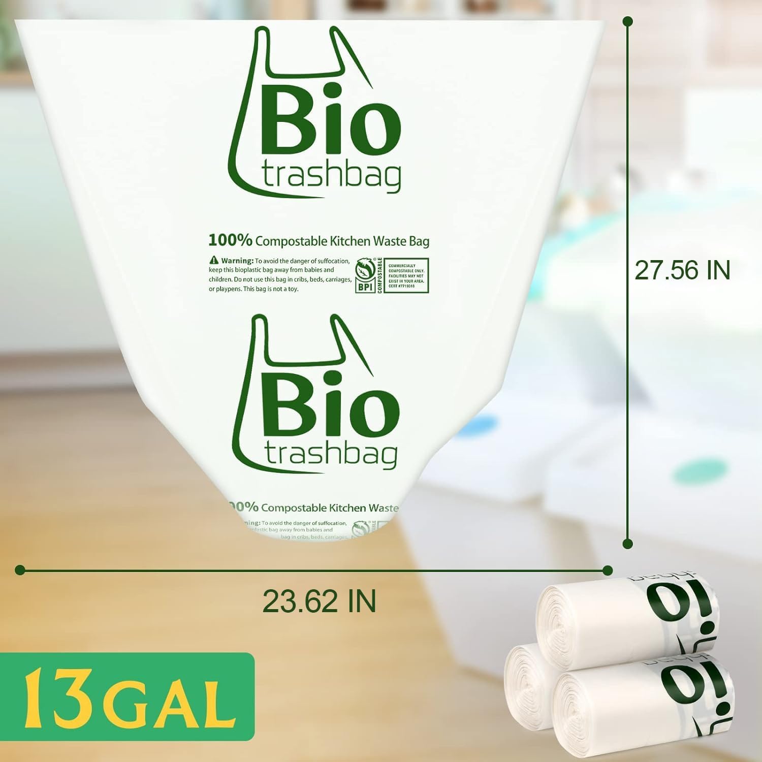 Bolsas de basura compostables blancas biodegradables, bolsas de basura grandes de cocina de 13 galones, 50 unidades, resistentes 49.2 litros, bolsas