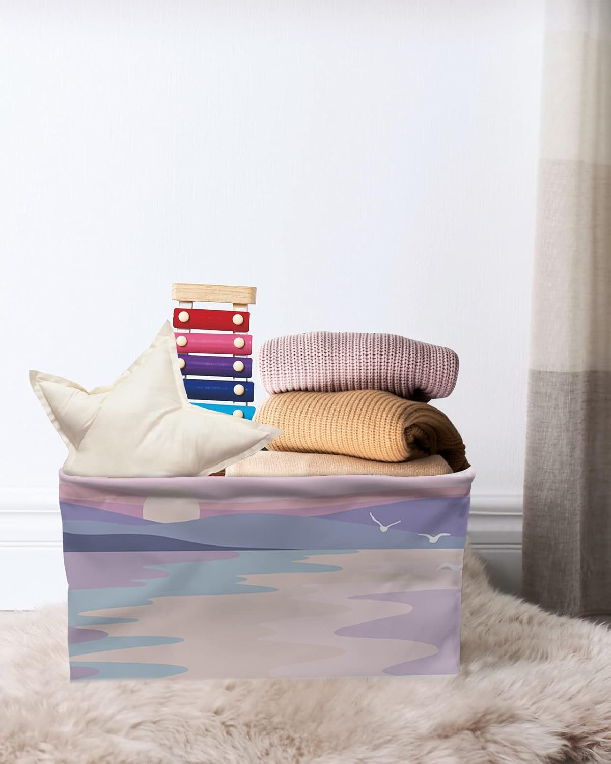 Contenedores de almacenamiento de paisajes para organizar, organizadores grandes decorativos de armario con asas cubos, 1 paquete de cestas de tela