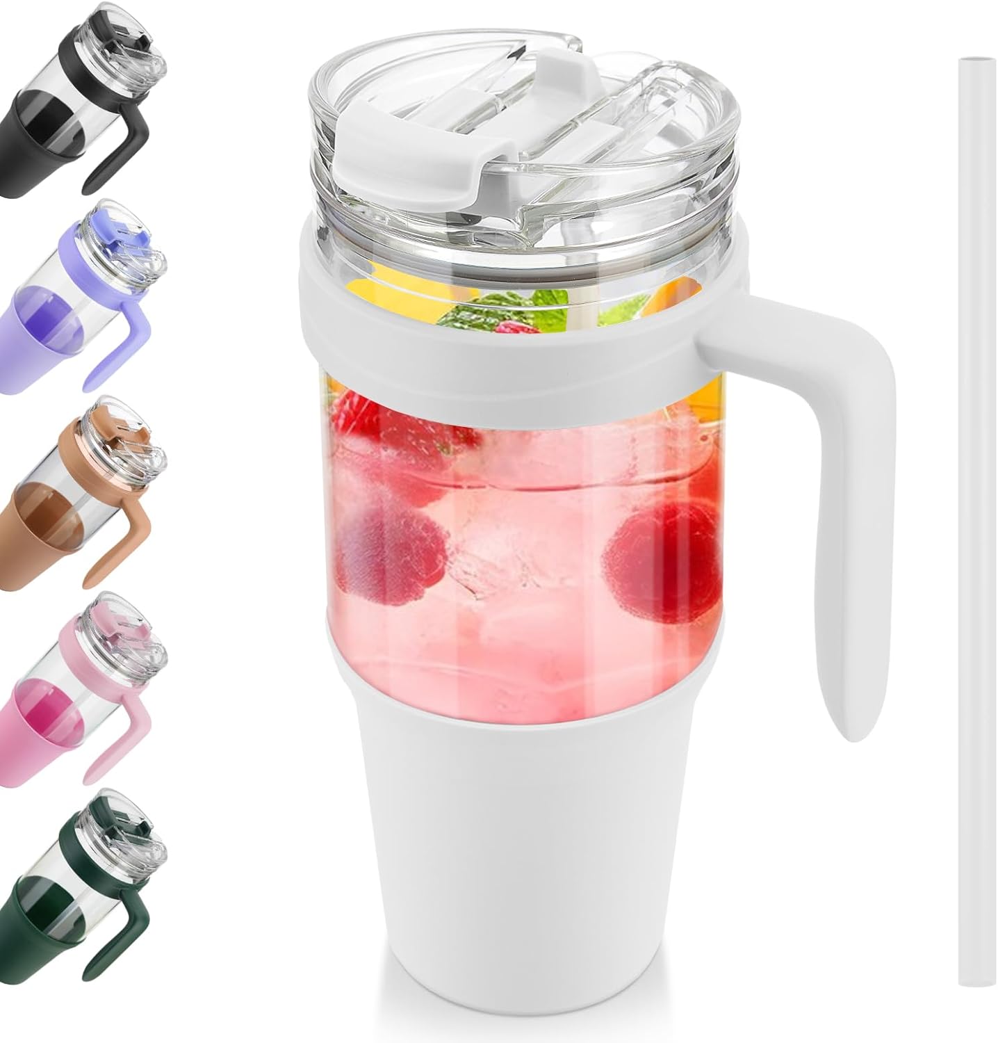 tronco Vaso de vidrio de 40 onzas con asa, popote abatible a prueba de fugas, vaso de vidrio reutilizable con popote y tapa, taza de café helado con