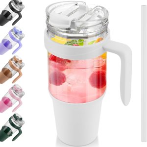 tronco Vaso de vidrio de 40 onzas con asa, popote abatible a prueba de fugas, vaso de vidrio reutilizable con popote y tapa, taza de café helado con tronco Vaso de vidrio de 40 onzas con asa, popote abatible a prueba de fugas, vaso de vidrio reutilizable con popote y tapa, taza de café helado con