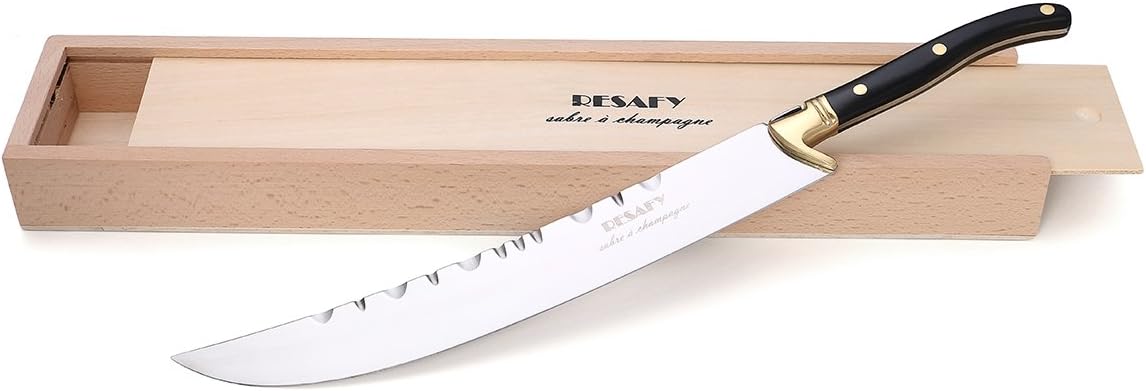 Resafy Abridor de vino espumoso con espada de champán, abridor de champán con estuche de regalo de madera