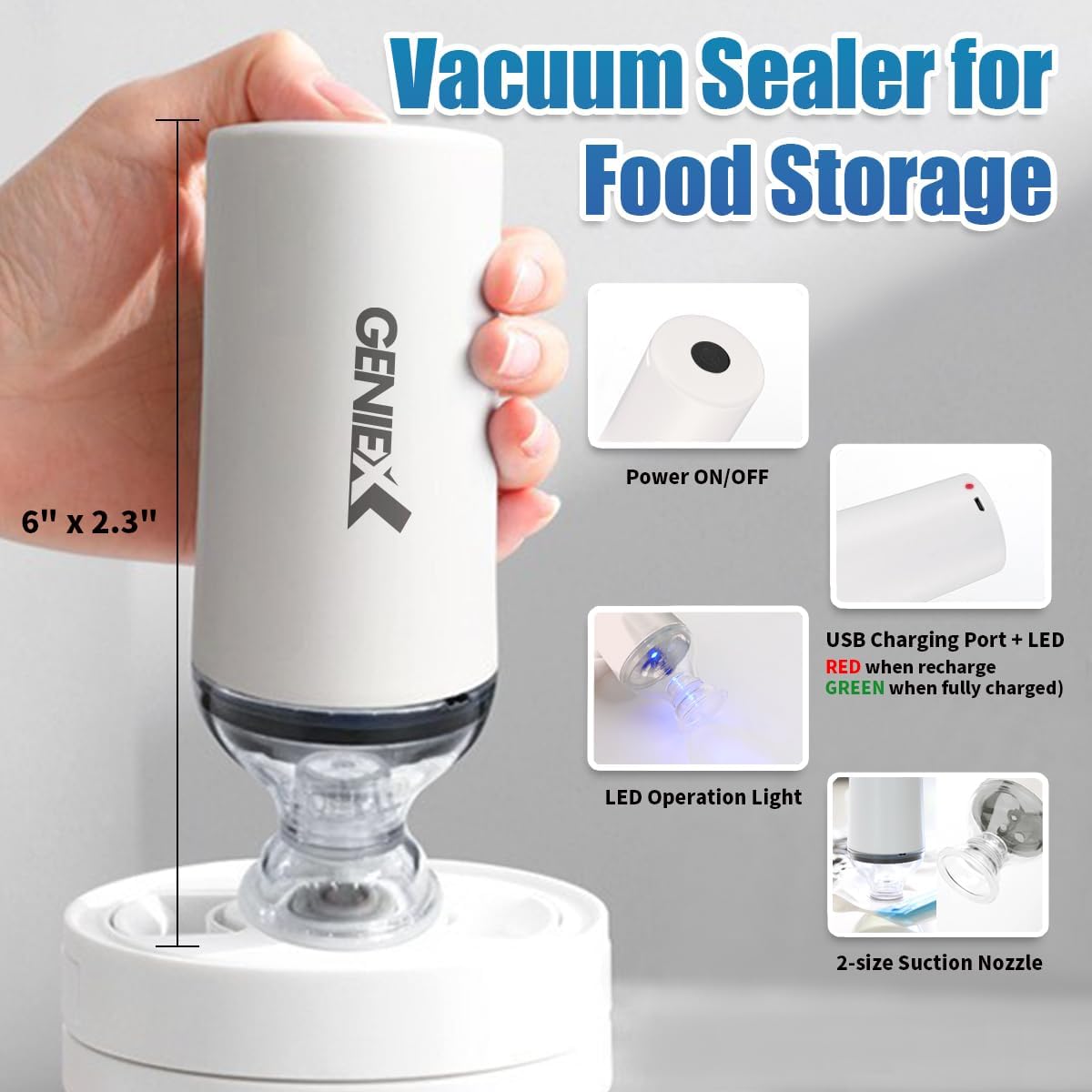 GenieX Sellador al vacío de mano, mini bomba eléctrica recargable para bolsas de almacenamiento de alimentos y recipientes de ahorro de alimentos.