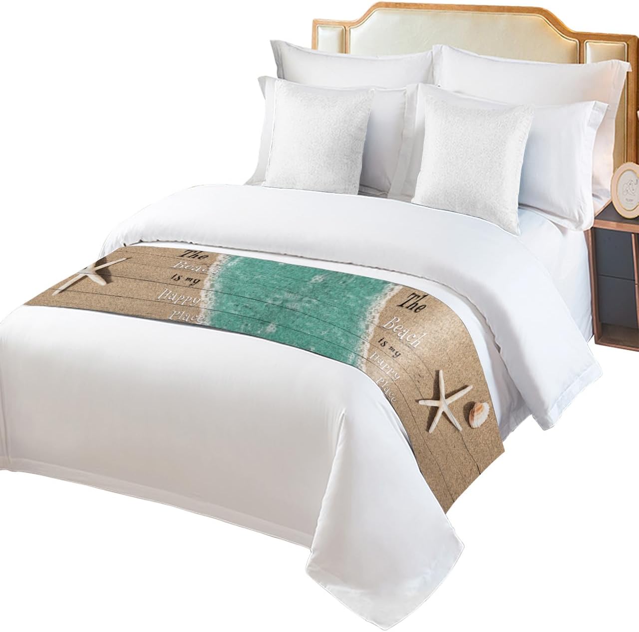ZFUNCING Caminos de cama con estrellas de mar y conchas del océano costero para dormitorio, hotel, decoración de ropa de cama con texto en inglés