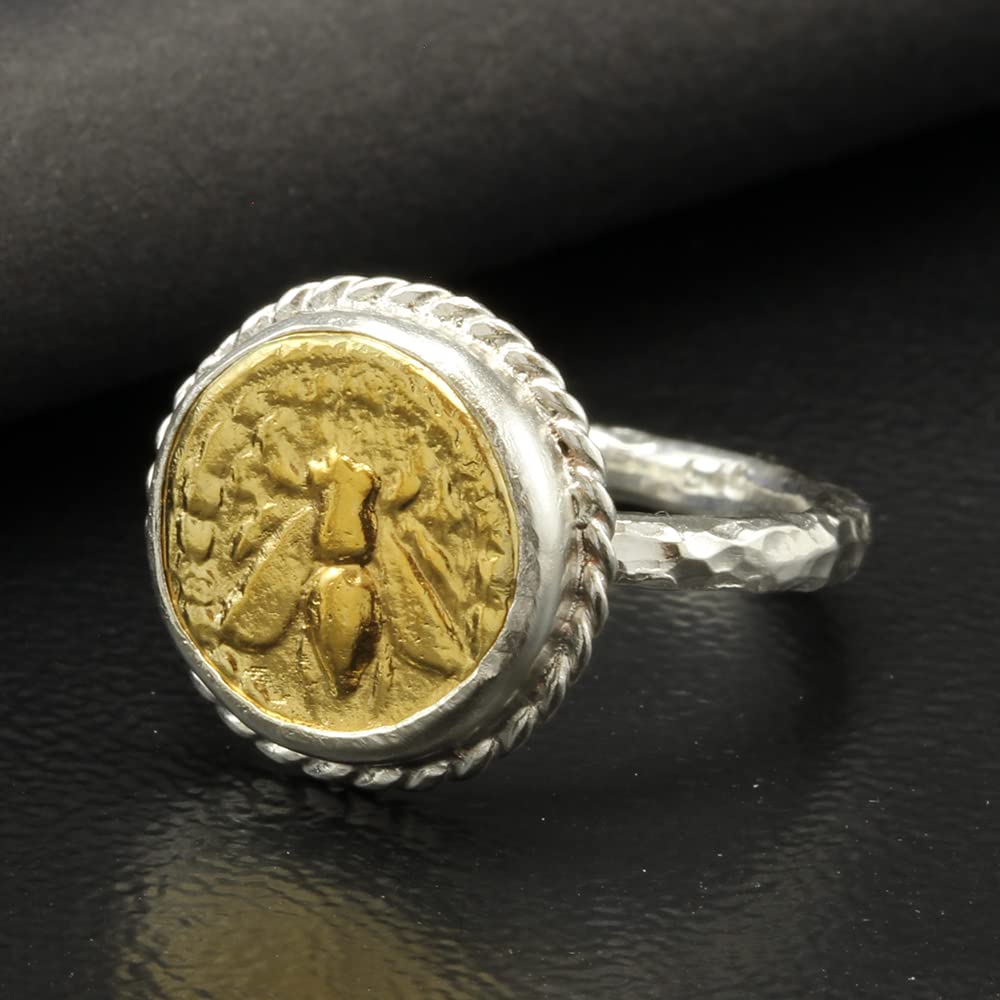 Caprixus 925 Sterling Silver Two Tone Honey Bee 24K Yellow Gold Vermeil Ancient Bumblebee Signet Coin Ring Hammered Rings for Women Designer Fine