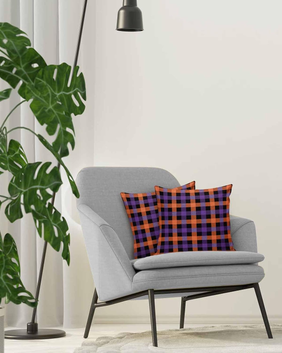 Paquete de 2 fundas de almohada decorativas de algodón, para Halloween, morado, naranja, negro, búfalo, a cuadros, de 20 x 20 pulgadas, cuadradas,