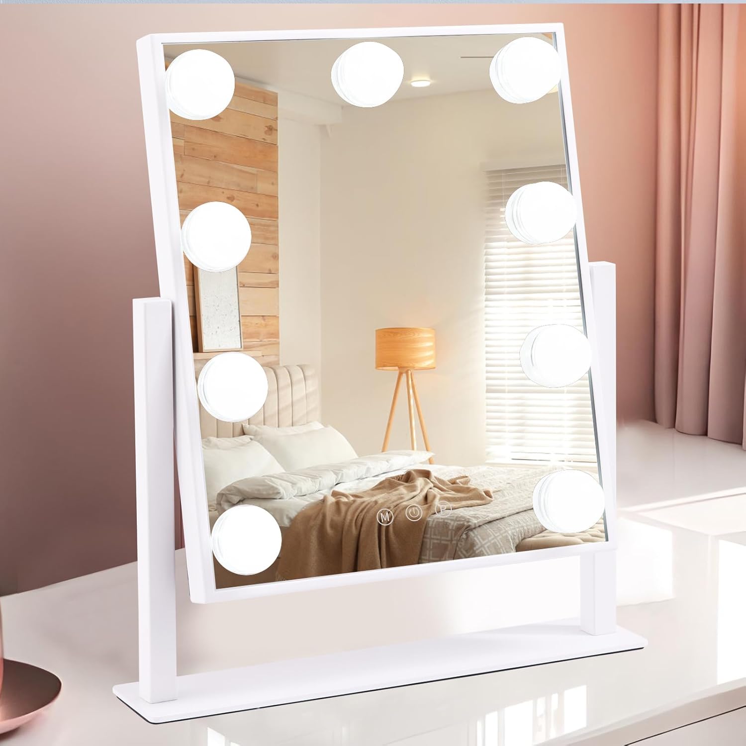 AOLISSI Espejo de tocador con luces, espejo de maquillaje iluminado Hollywood con 9 bombillas regulables y 3 modos de iluminación de color, aumento