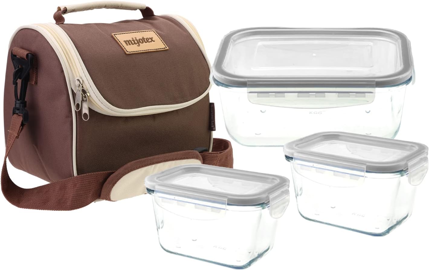 Mijotex – Juego de 7 piezas de almacenamiento de alimentos de vidrio sin BPA con bolsa de almuerzo, preparación de comidas, 3 recipientes de vidrio