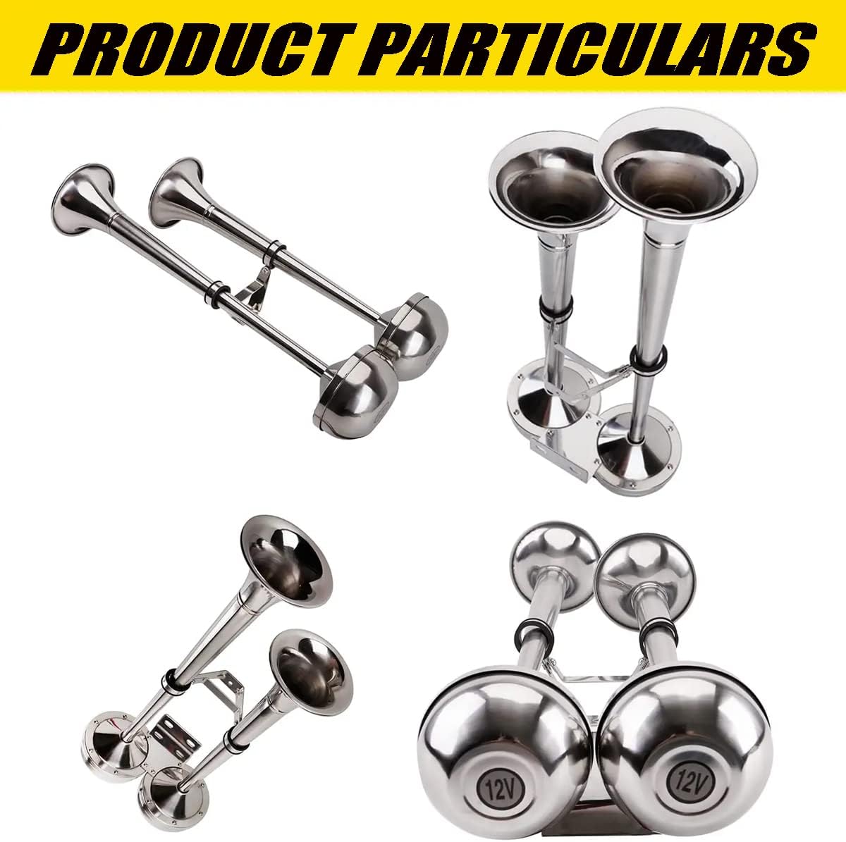 Bocinas de barco de 12 V, cuerno de trompeta de barco marino de acero inoxidable pulido, tono bajo y alto BANHAO con soporte ajustable, bocina de
