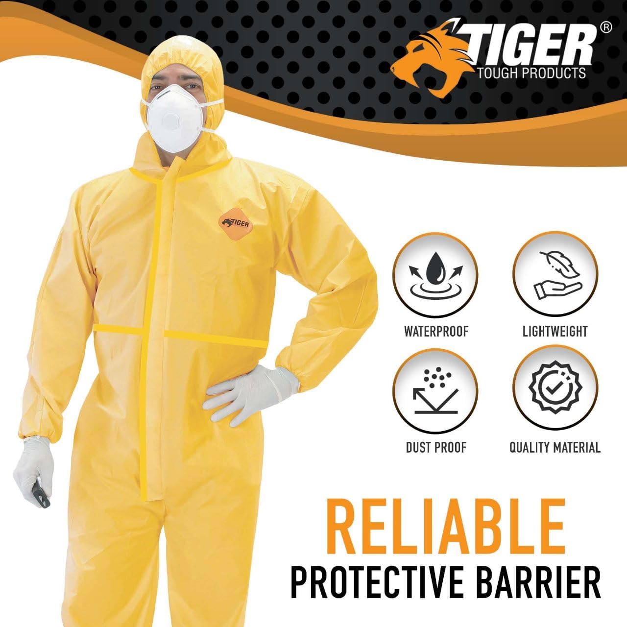 Tiger Tough – Overol de protección química resistente  Trajes de materiales peligrosos con capucha y cremallera  Traje químico amarillo duradero