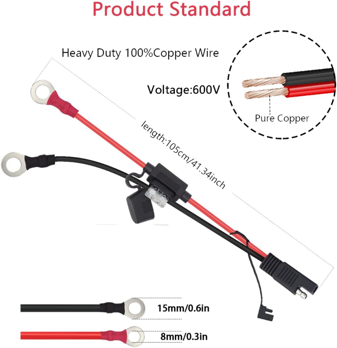 Conectores SAE a O Ring Conector de cable de extensión compatible con cargadormantenedor de batería (16 awg, 3.3 pies)