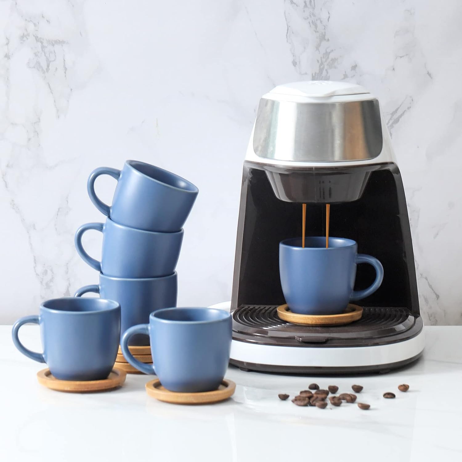 Hasense Juego de 6 tazas y platillos de expreso, tazas Demitasse con asa para bebidas de café, café con leche, capuchino, café moca y té, tazas de