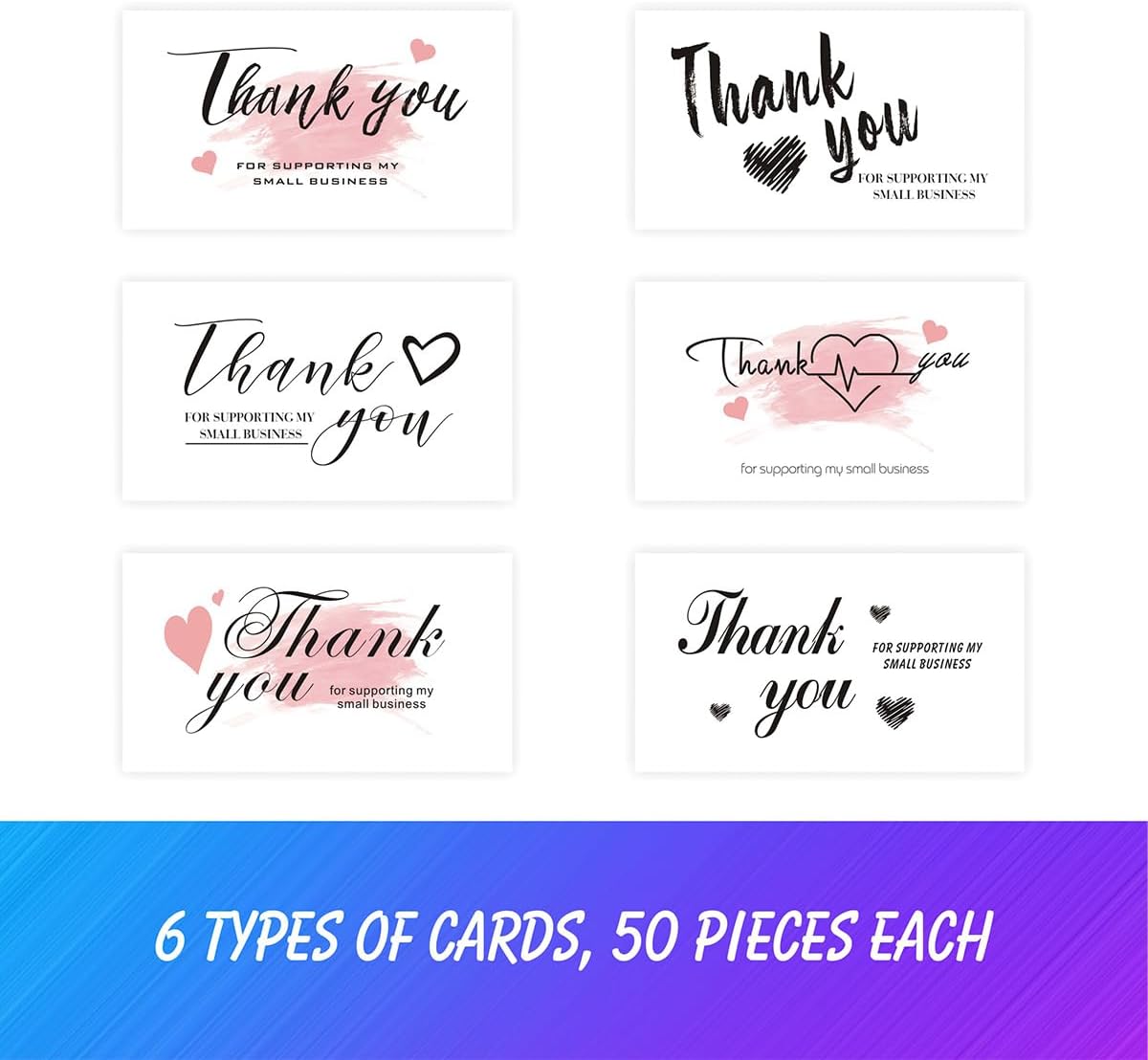KIUKIUO 300 tarjetas de visita pequeñas de agradecimiento, 6 estilos de agradecimiento por notas de apoyo, tarjetas de felicitación de