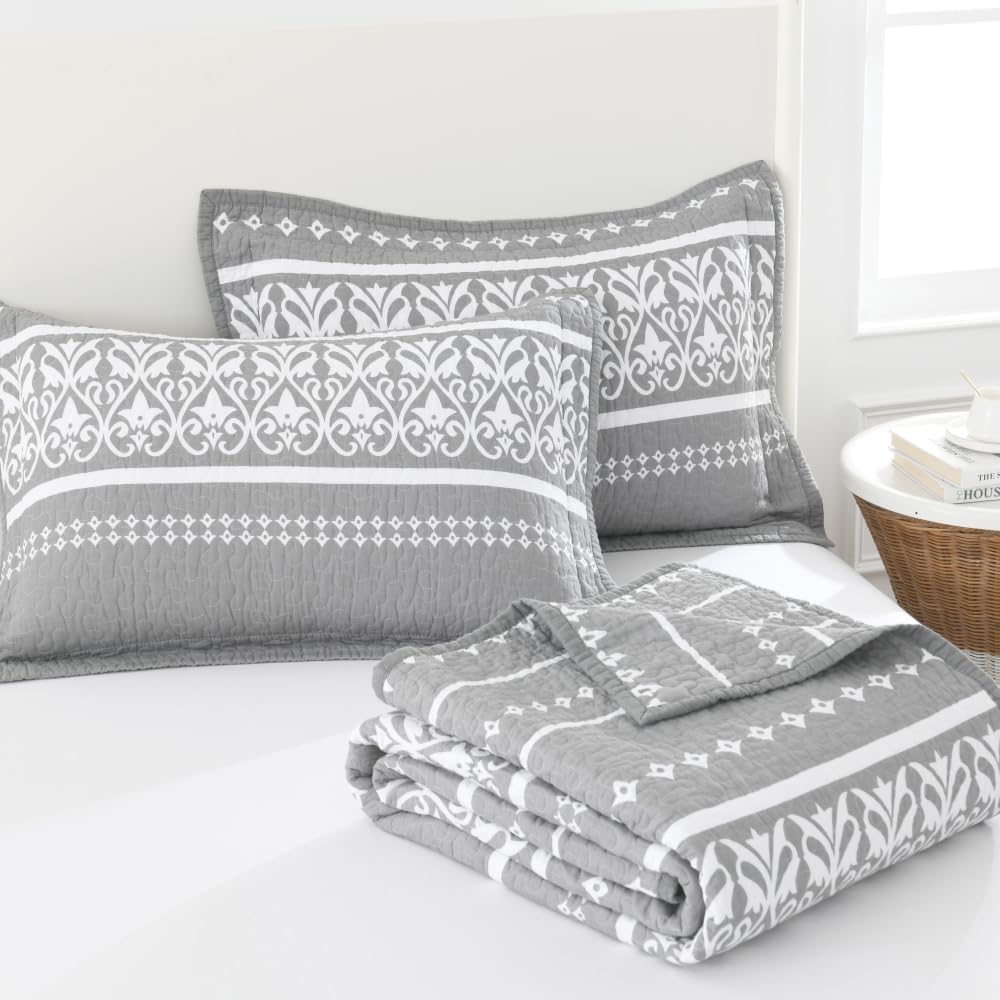 Toldlove Juego de edredón King  Juego de ropa de cama a rayas de estilo bohemio tamaño King, 100% algodón, color gris, bohemio, tamaño King, edredón