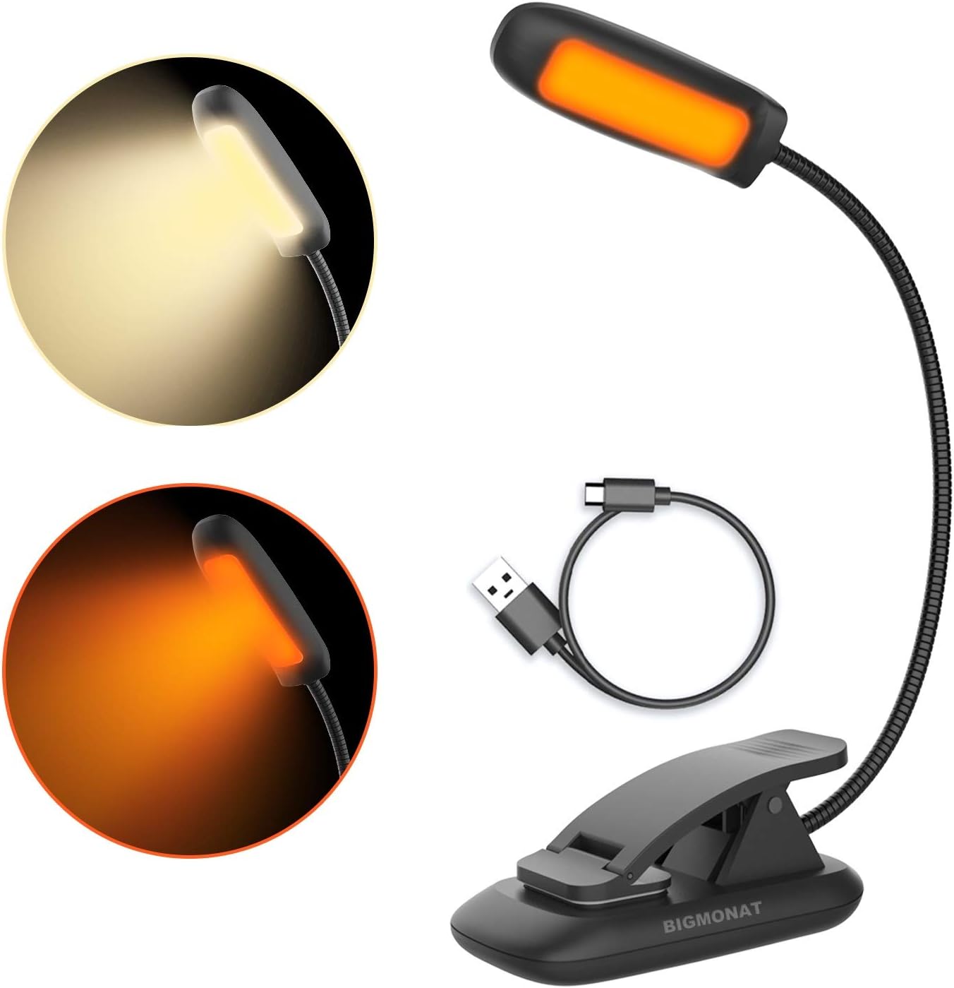 BIGMONAT – Luz de lectura para libro, luz de noche recargable, color ámbar recargable, cuello plegable portátil, USB o funciona con pilas, luz de