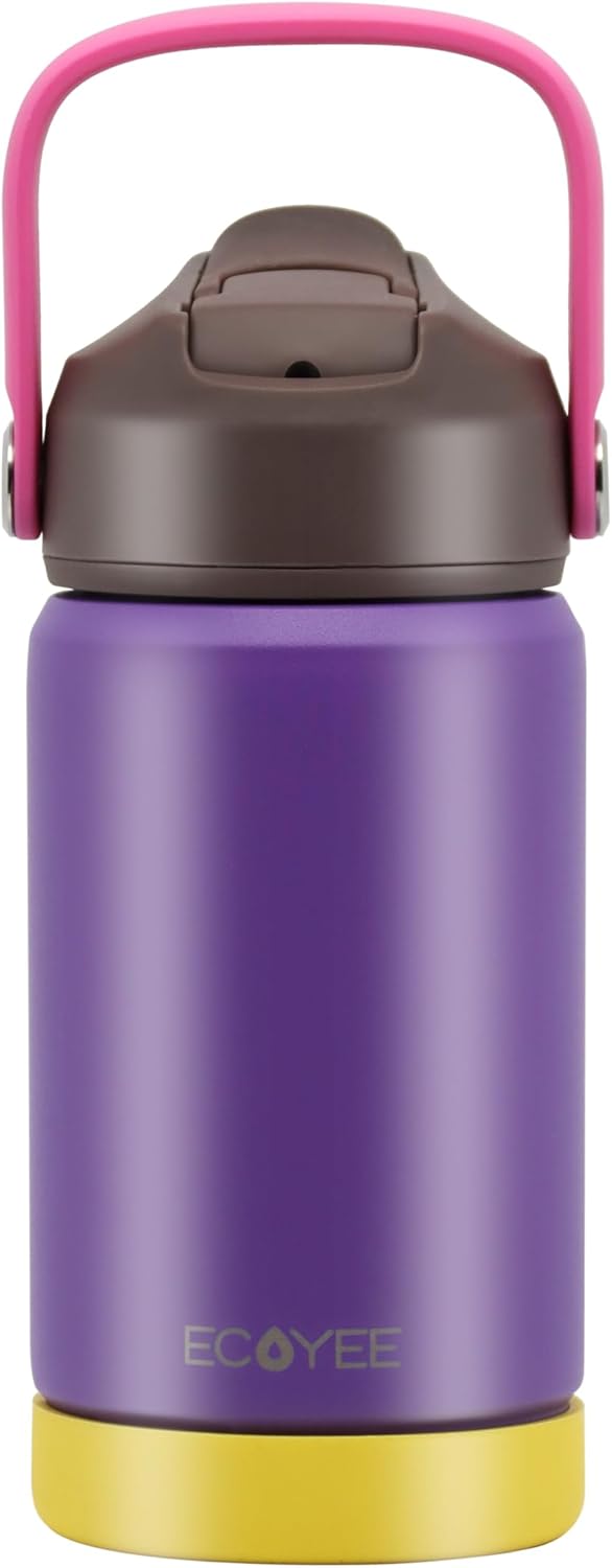 Botella de agua aislada de acero inoxidable de 12 onzas para niños, tapa abatible de silicona de grado alimenticio, asa de transporte, base