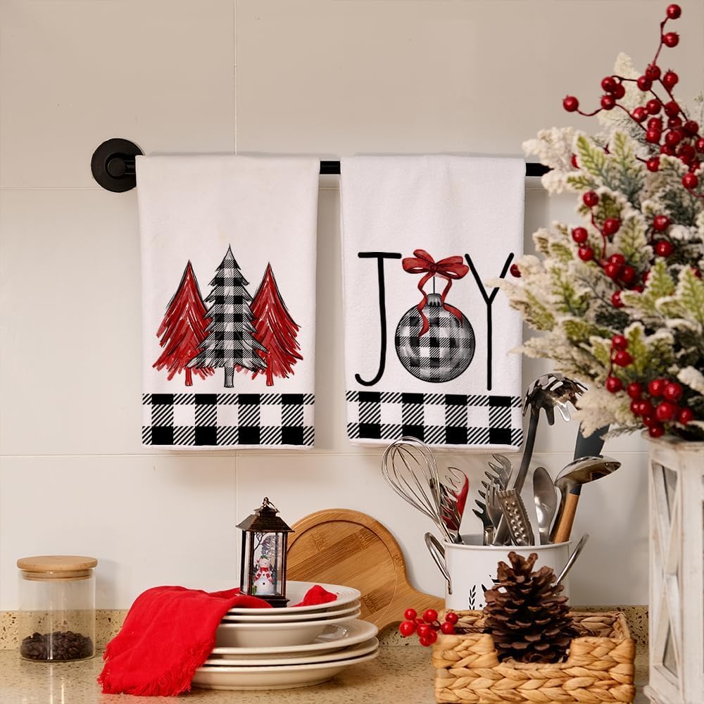 ARKENY Juego de 2 paños de cocina de Navidad para decoración de Navidad, diseño de búfalo negro, 18 x 26 pulgadas, color rojo Joy Noel, árbol de
