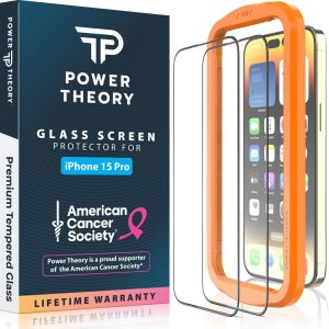 Power Theory Protector de pantalla de vidrio templado compatible con iPhone 15 Pro, Benefits American Cancer Society, dureza 9H, kit de fácil Power Theory Protector de pantalla de vidrio templado compatible con iPhone 15 Pro, Benefits American Cancer Society, dureza 9H, kit de fácil