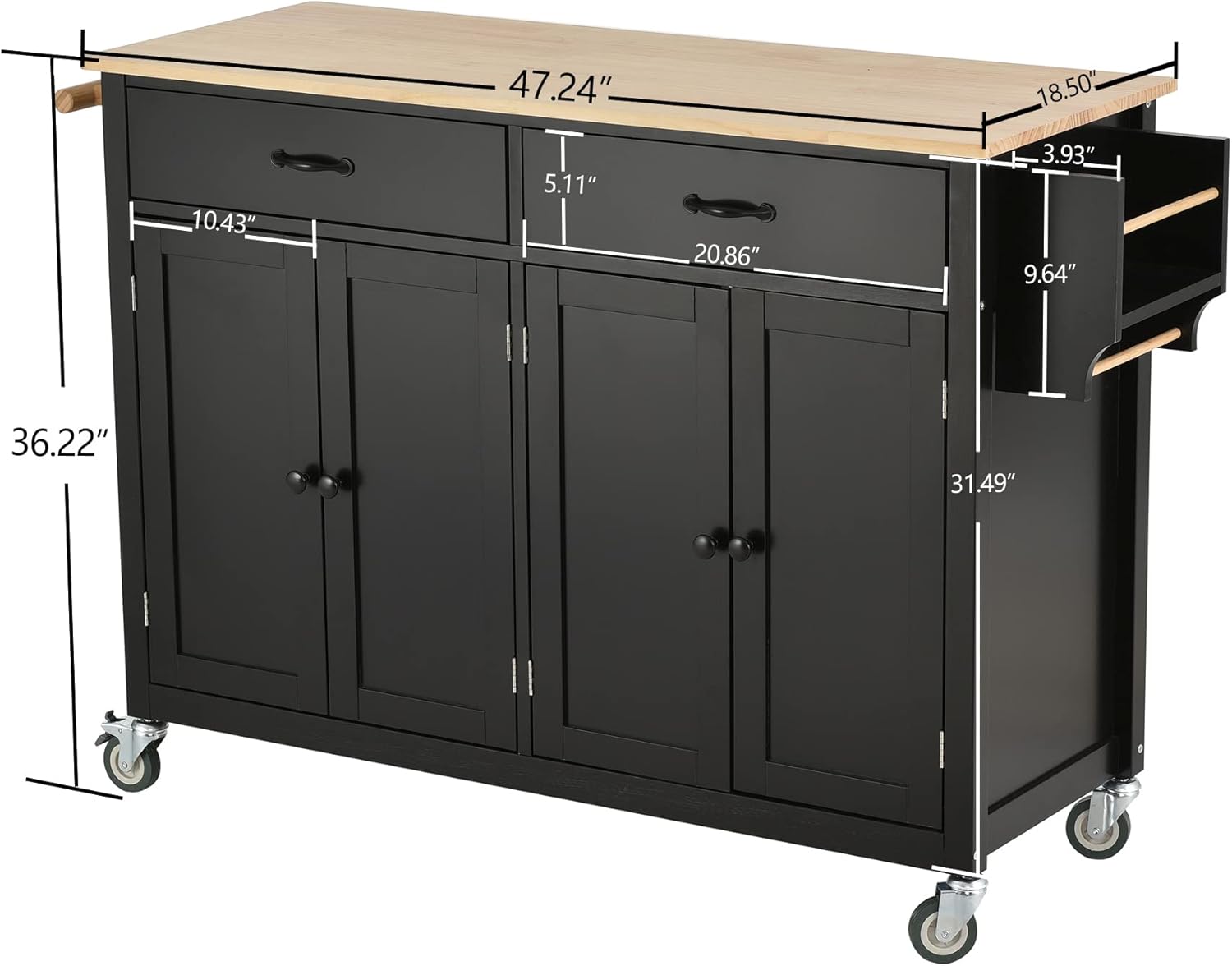 P PURLOVE Carrito de madera para isla de cocina con ruedas de bloqueo, carrito utilitario rodante con 2 cajones y 4 puertas de gabinete, estante de