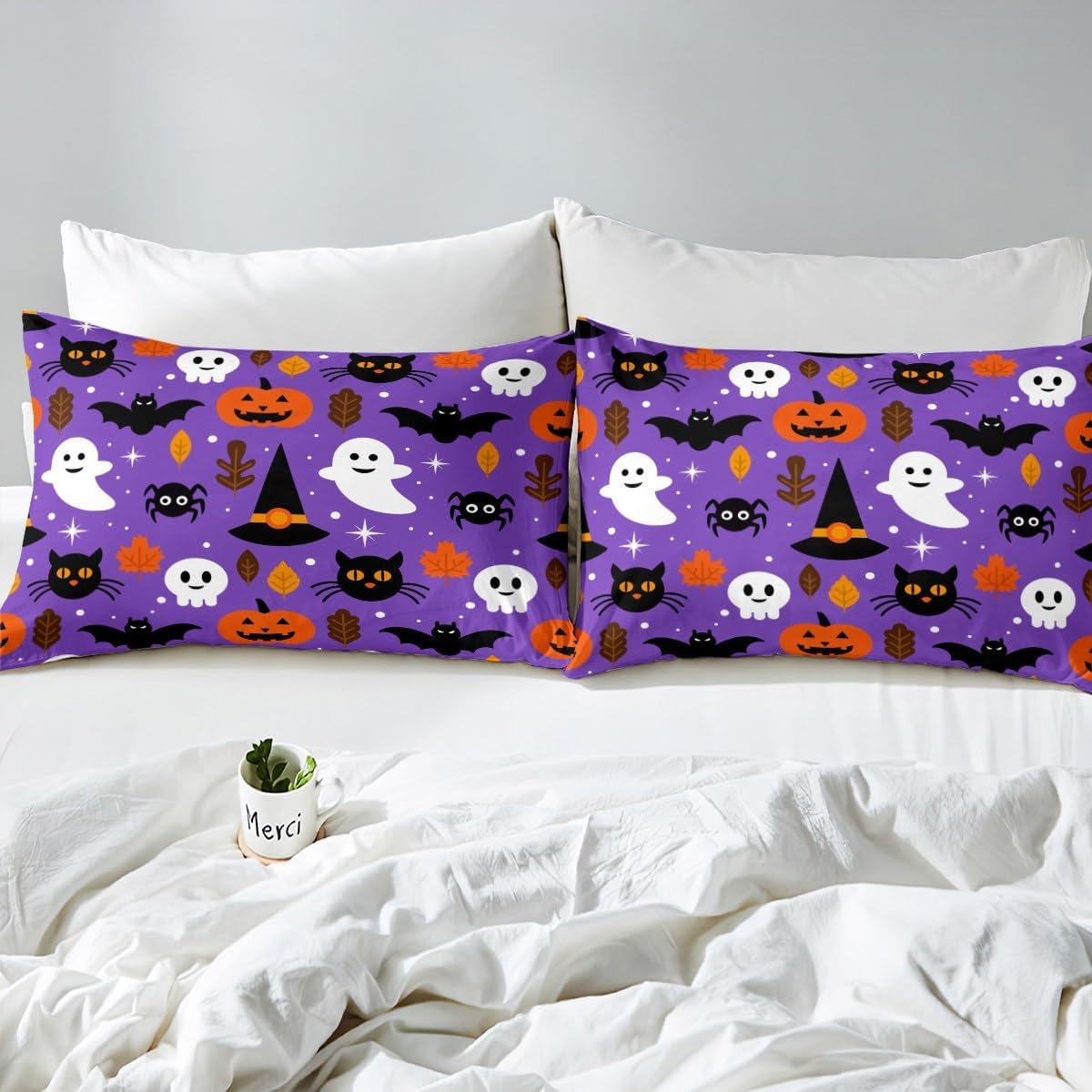 Funda de edredón de Halloween, murciélagos, decoración de Halloween, tela de araña fantasma, juego de ropa de cama gótica, funda de edredón de gato