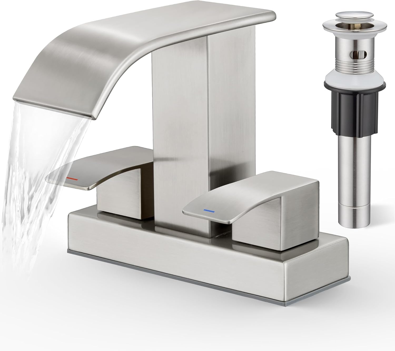 Grifo de baño de cascada de 2 manijas de níquel cepillado con drenaje desplegable, grifo de 2 agujeros para fregadero central de 4 pulgadas, grifo