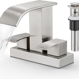 Grifo de baño de cascada de 2 manijas de níquel cepillado con drenaje desplegable, grifo de 2 agujeros para fregadero central de 4 pulgadas, grifo Grifo de baño de cascada de 2 manijas de níquel cepillado con drenaje desplegable, grifo de 2 agujeros para fregadero central de 4 pulgadas, grifo