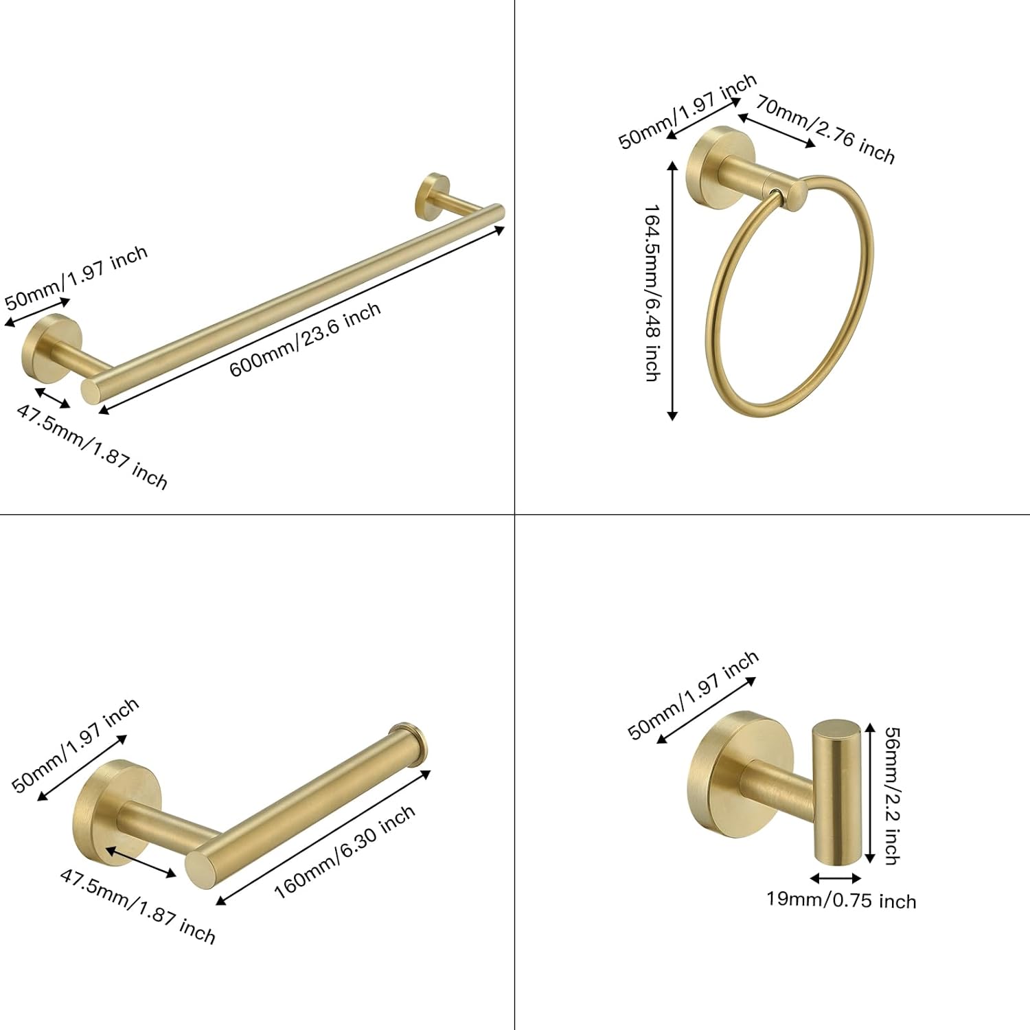 Juego de 5 piezas de accesorios de baño de oro cepillado de 24 pulgadas, juego de toallero de mano de granja y 2 ganchos para toallas, montaje en