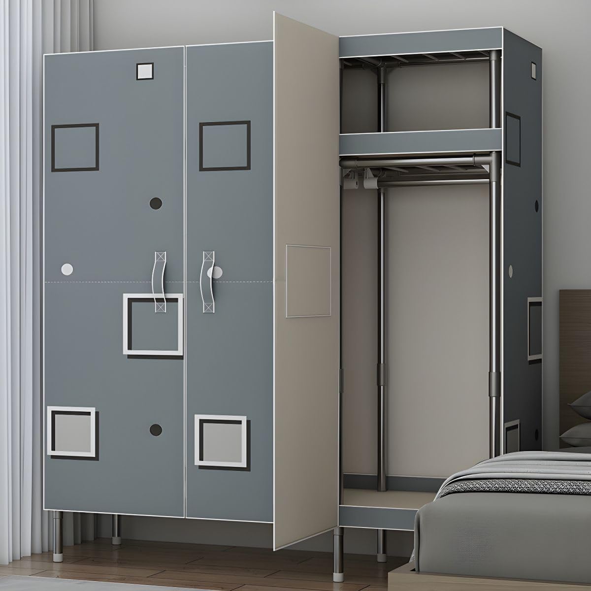 LAKIQ Armario para dormitorio, armario con puertas para colgar, estilo contemporáneo, tela con marco de acero, armario organizador de tela y armario