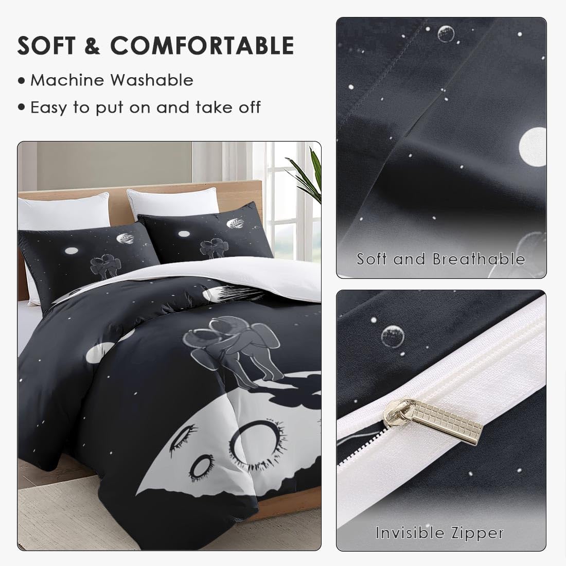 Juego de funda de edredón, juego de ropa de cama Love Space Moon Galaxy para niños y adultos, decoración de dormitorio de ciencia y planeta, juego