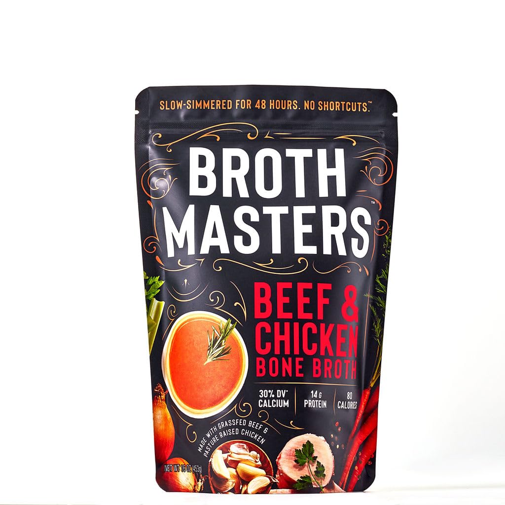 BrothMasters Caldo de hueso paquete de 20 (16 onzas cada uno) Huesos de carne alimentados con pasto, huesos de pollo criados en pastos y verduras