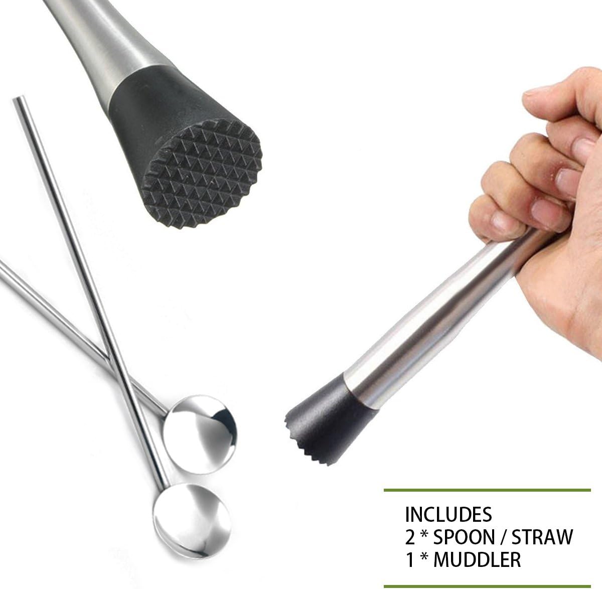 Juego de 2 cucharas mezcladoras y pajitas de acero inoxidable con barra de cepillo de limpieza para preparar cócteles sabrosos con facilidad