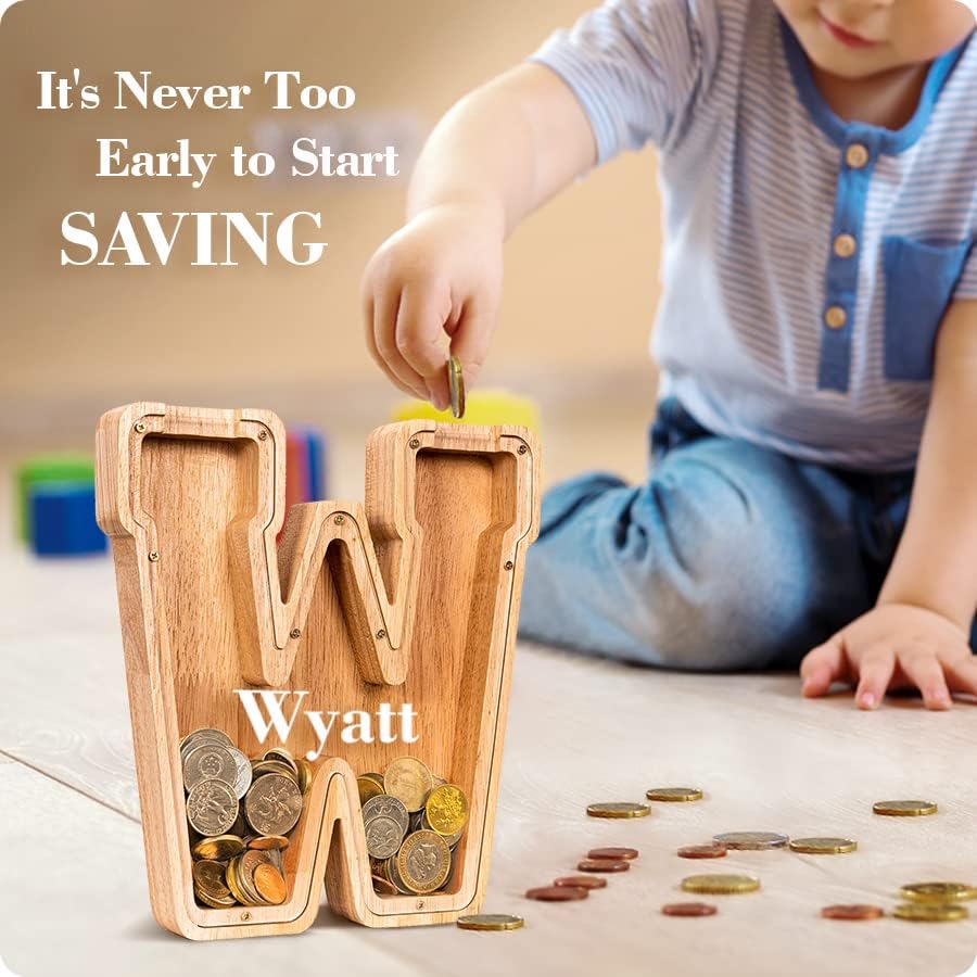SummiDate Alcancía con letras de madera, alcancía para niños y niñas, banco de dinero del alfabeto W, regalo de cumpleaños para niños, regalo del